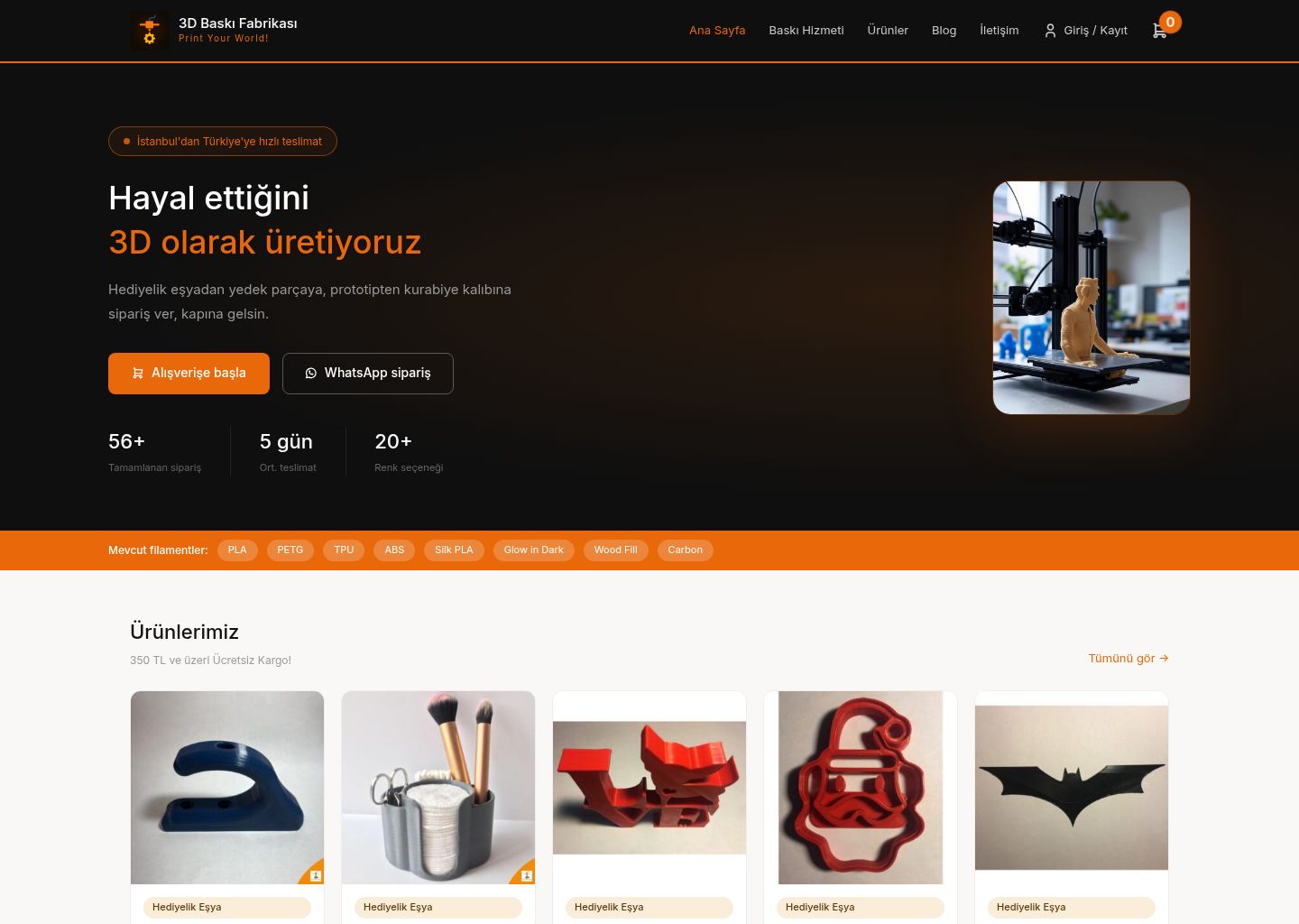 3D Baskı Fabrikası web sitesi ekran görüntüsü